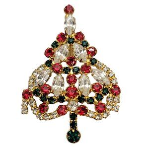Gold Tone Red Green Clear Prong Set Rhinestone Christmas Tree Brooch Pin K582